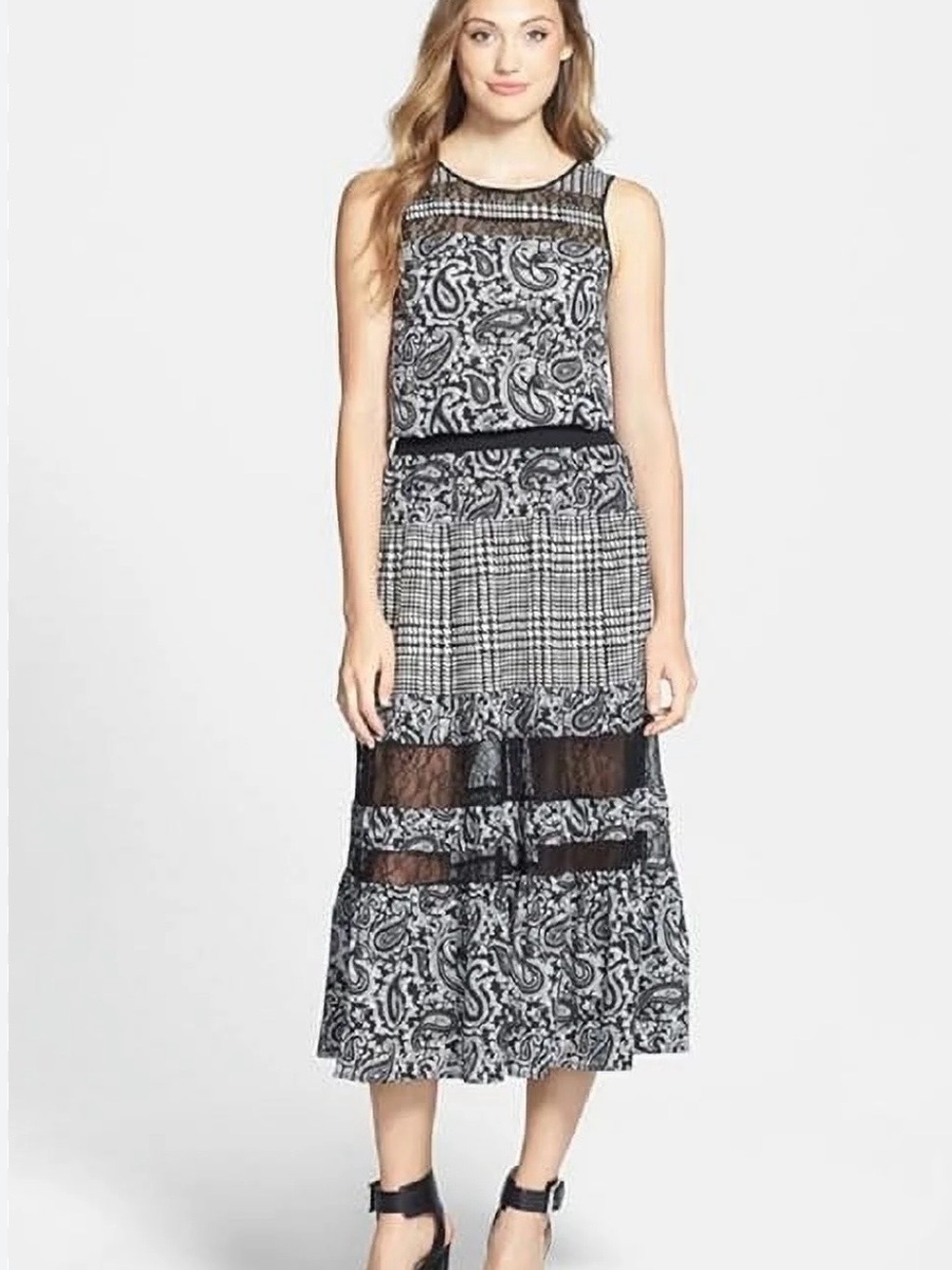 Michael Kors Black and White Mixed Print Lace Accent Dress Size L